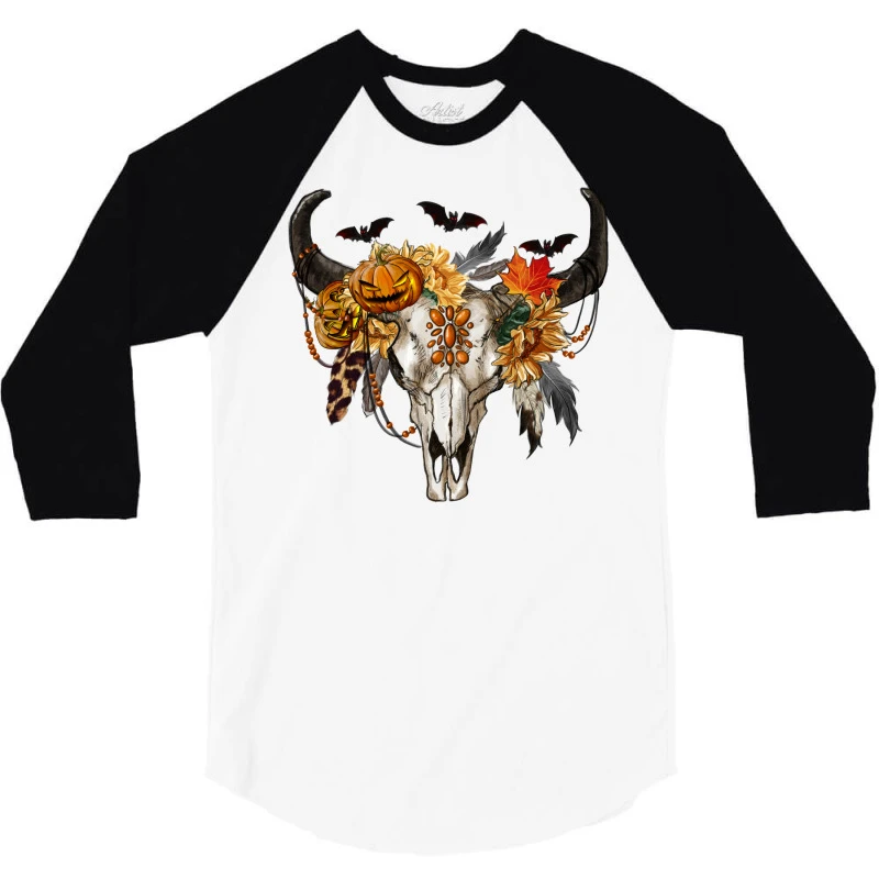 Halloween Bull Skull 3/4 Sleeve Shirt - Image 3