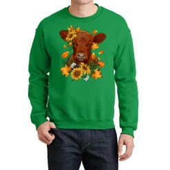 Fall Red Angus Calf Dried Leaves And Sunflowers Crewneck Sweatshirt