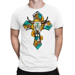 Western Bull Skull And Sunflowers Cross T-Shirt